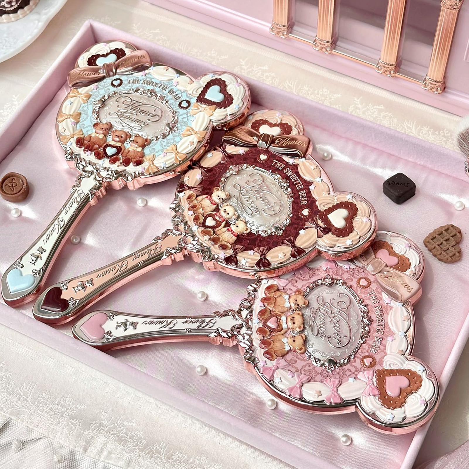 Flower Knows The Sweetie Bear Hand Mirror,Vintage Portable